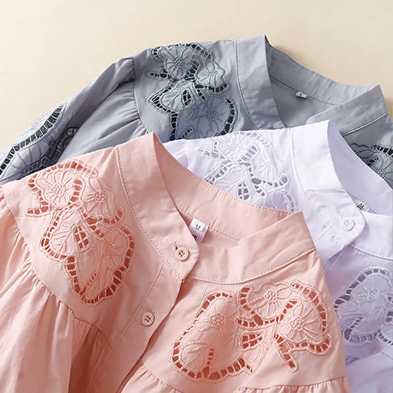 Buddha Stones Casual Embroidery Flower Hole Design Three Quarter Sleeve Cotton Linen Women's Shirt