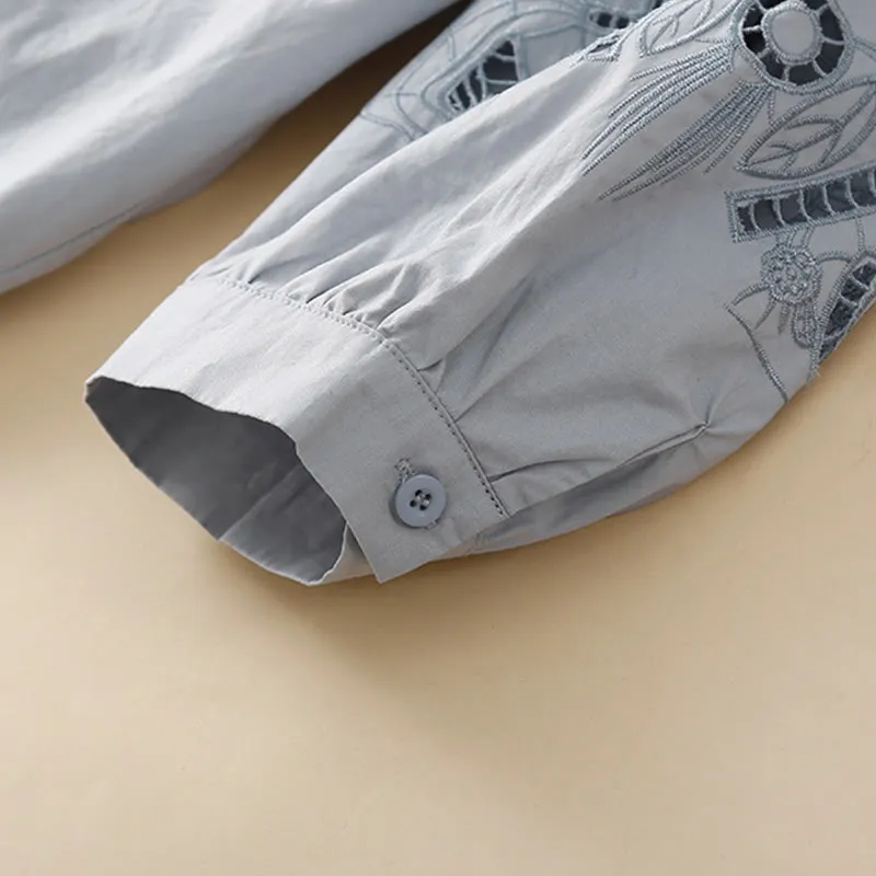 Buddha Stones Casual Embroidery Flower Hole Design Three Quarter Sleeve Cotton Linen Women's Shirt