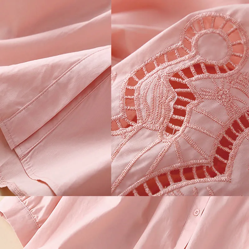 Buddha Stones Casual Embroidery Flower Hole Design Three Quarter Sleeve Cotton Linen Women's Shirt