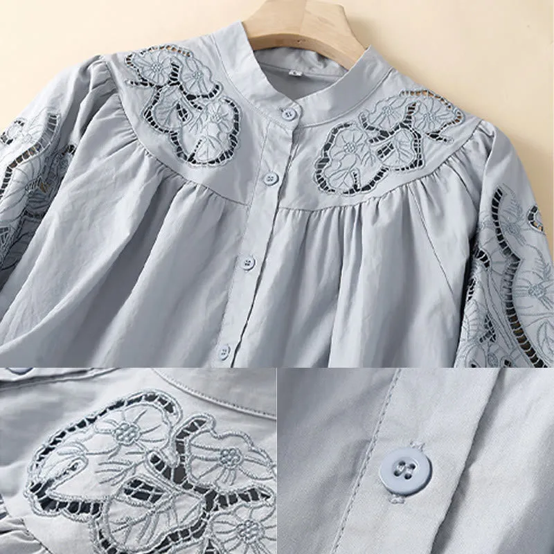Buddha Stones Casual Embroidery Flower Hole Design Three Quarter Sleeve Cotton Linen Women's Shirt