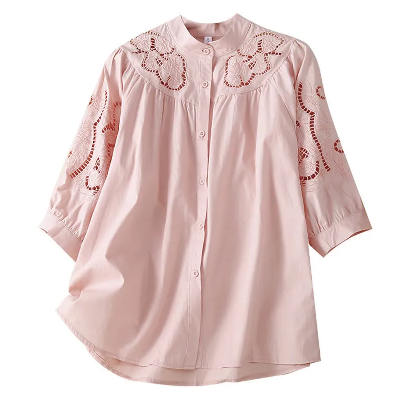 Buddha Stones Casual Embroidery Flower Hole Design Three Quarter Sleeve Cotton Linen Women's Shirt