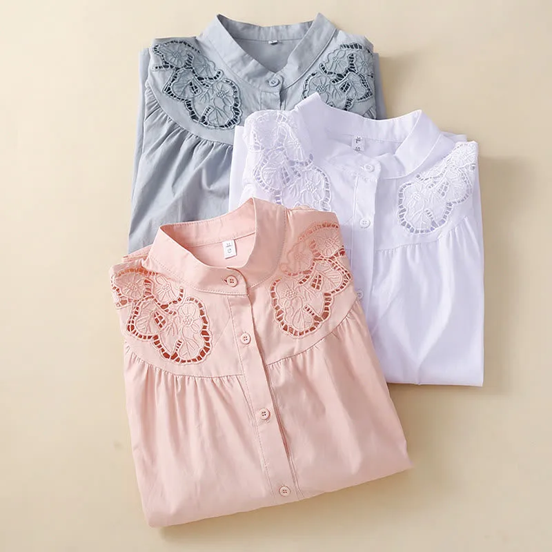 Buddha Stones Casual Embroidery Flower Hole Design Three Quarter Sleeve Cotton Linen Women's Shirt