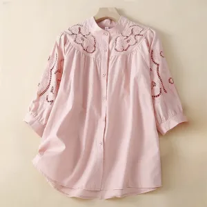 Buddha Stones Casual Embroidery Flower Hole Design Three Quarter Sleeve Cotton Linen Women's Shirt