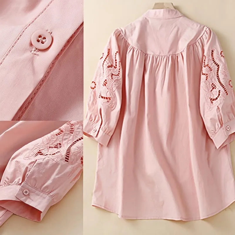 Buddha Stones Casual Embroidery Flower Hole Design Three Quarter Sleeve Cotton Linen Women's Shirt