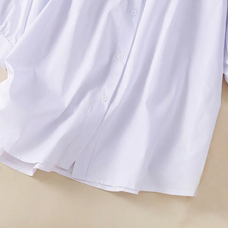 Buddha Stones Casual Embroidery Flower Hole Design Three Quarter Sleeve Cotton Linen Women's Shirt