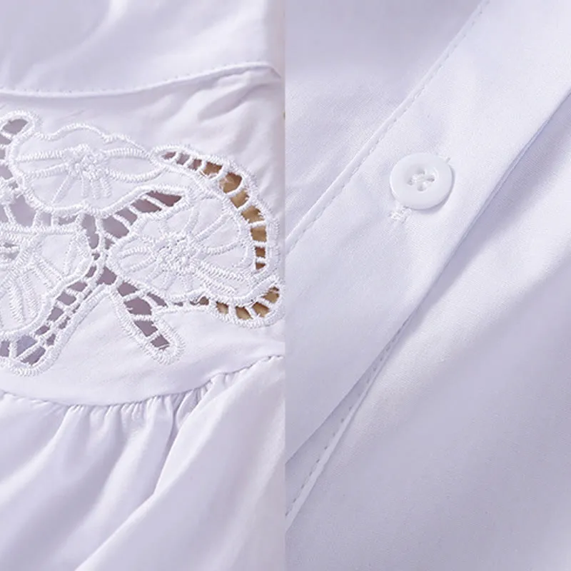 Buddha Stones Casual Embroidery Flower Hole Design Three Quarter Sleeve Cotton Linen Women's Shirt