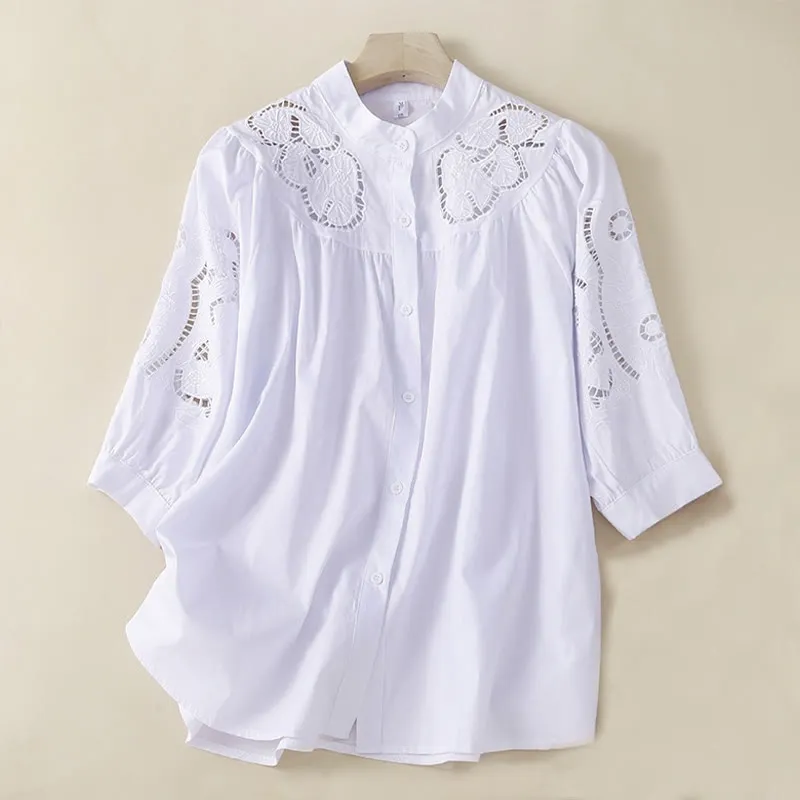 Buddha Stones Casual Embroidery Flower Hole Design Three Quarter Sleeve Cotton Linen Women's Shirt