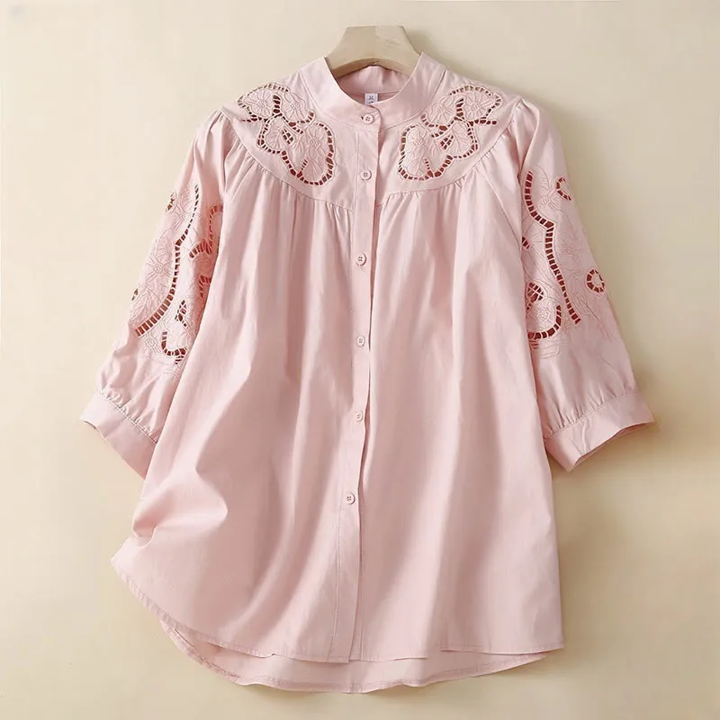 Buddha Stones Casual Embroidery Flower Hole Design Three Quarter Sleeve Cotton Linen Women's Shirt