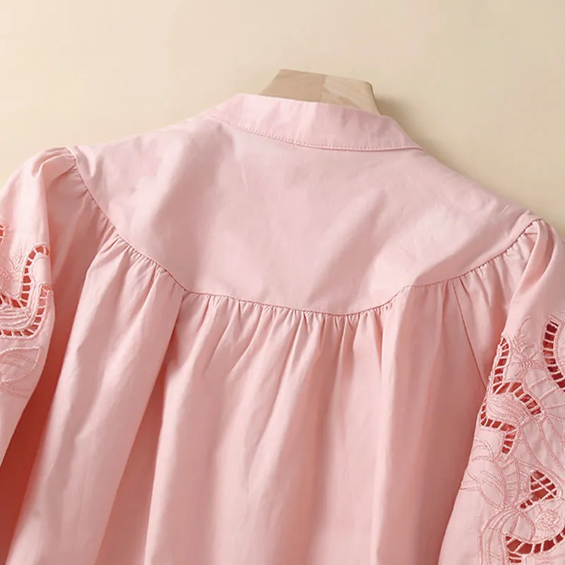 Buddha Stones Casual Embroidery Flower Hole Design Three Quarter Sleeve Cotton Linen Women's Shirt