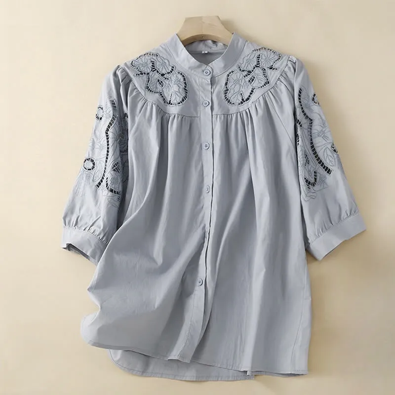 Buddha Stones Casual Embroidery Flower Hole Design Three Quarter Sleeve Cotton Linen Women's Shirt