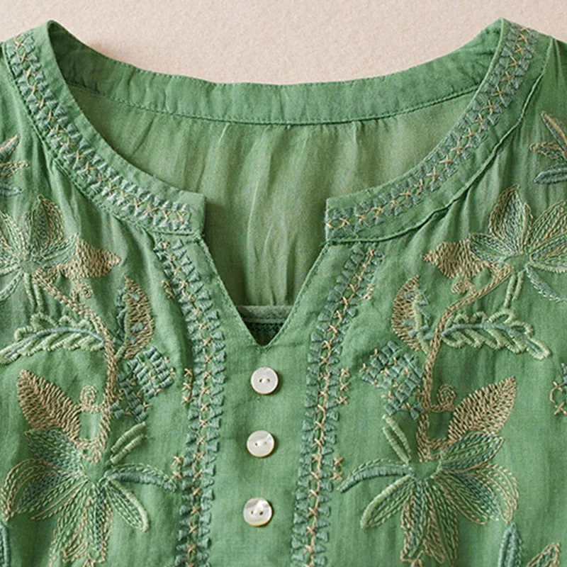 Buddha Stones Casual Embroidery Plants Women's V-Neck Design Half Sleeve Cotton Blended Shirt