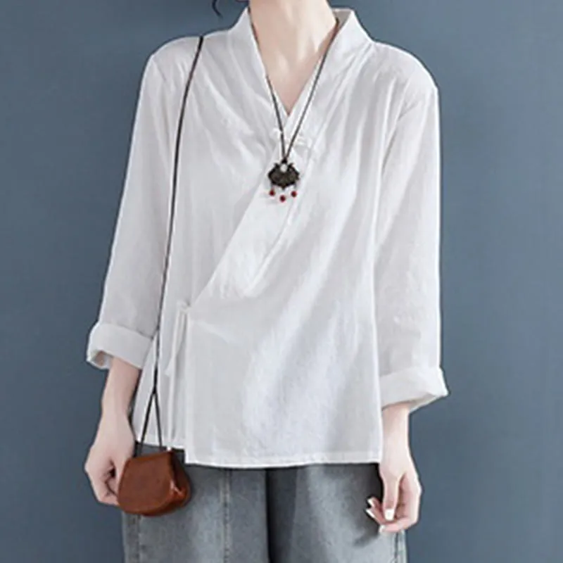 Buddha Stones Casual Solid Color Frog Button Long Sleeve Zen Cotton Linen Women's Shirt