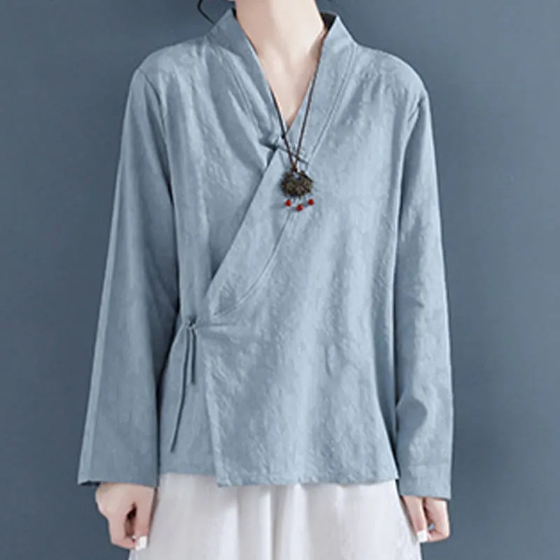 Buddha Stones Casual Solid Color Frog Button Long Sleeve Zen Cotton Linen Women's Shirt