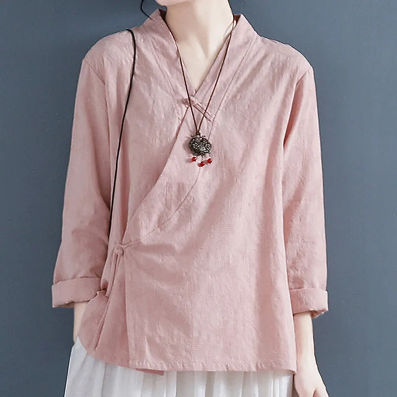 Buddha Stones Casual Solid Color Frog Button Long Sleeve Zen Cotton Linen Women's Shirt