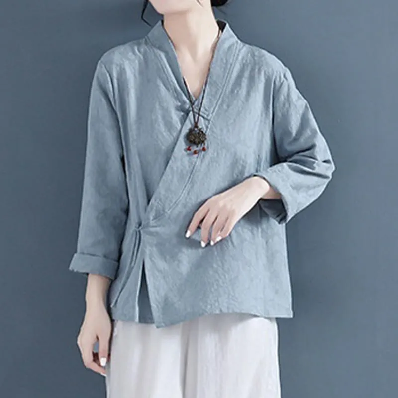 Buddha Stones Casual Solid Color Frog Button Long Sleeve Zen Cotton Linen Women's Shirt