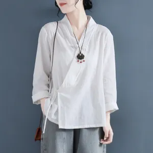 Buddha Stones Casual Solid Color Frog Button Long Sleeve Zen Cotton Linen Women's Shirt
