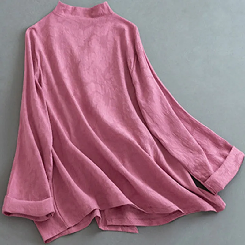 Buddha Stones Casual Solid Color Frog Button Long Sleeve Zen Cotton Linen Women's Shirt