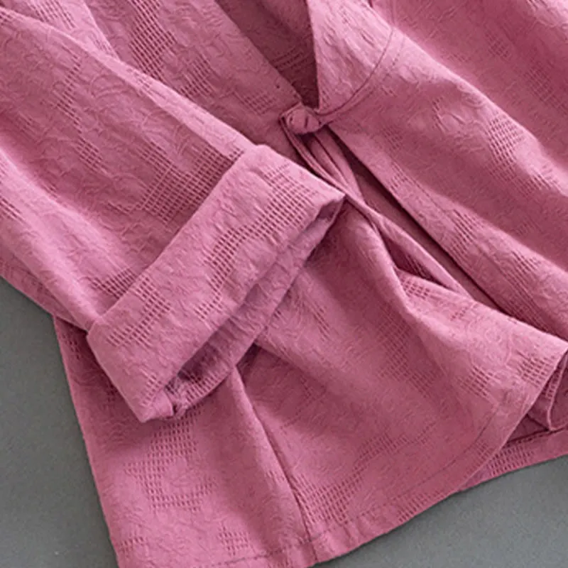 Buddha Stones Casual Solid Color Frog Button Long Sleeve Zen Cotton Linen Women's Shirt