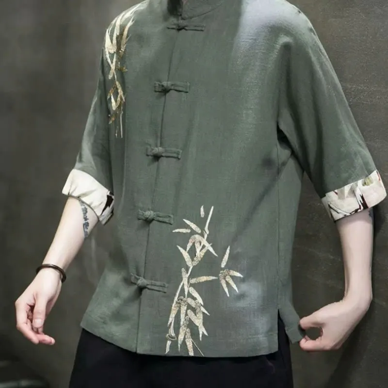 Buddha Stones Men's Frog-Button Bamboo Linen Half Sleeve Shirt