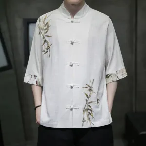 Buddha Stones Men's Frog-Button Bamboo Linen Half Sleeve Shirt