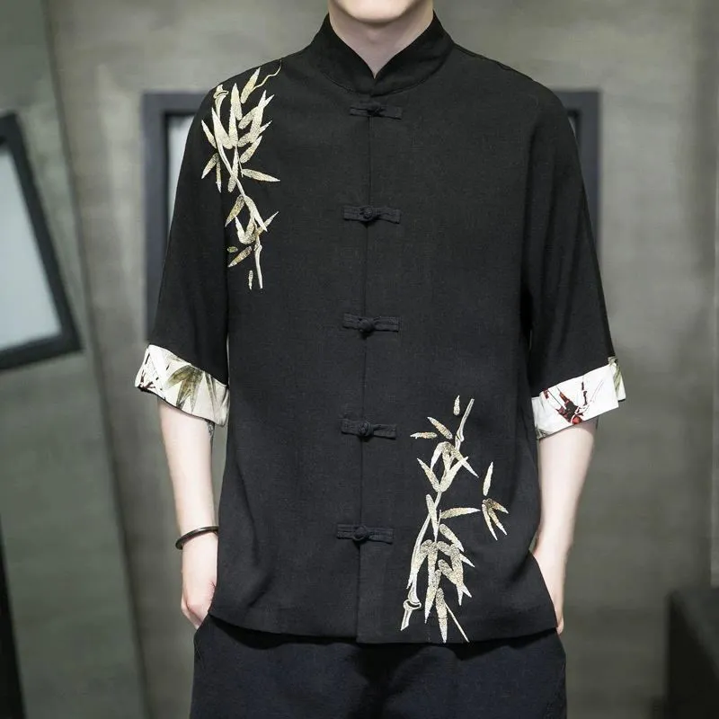 Buddha Stones Men's Frog-Button Bamboo Linen Half Sleeve Shirt