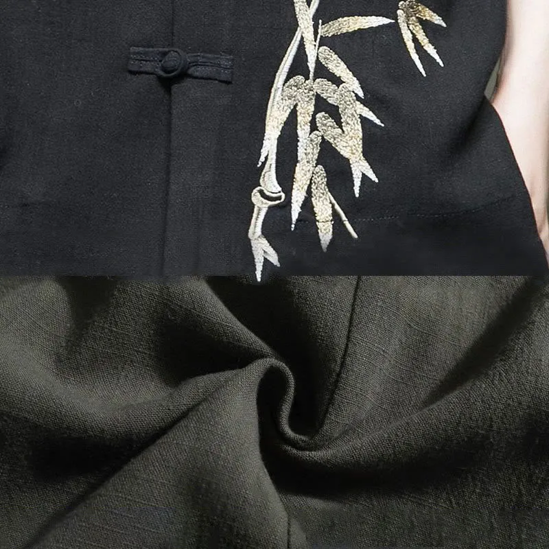 Buddha Stones Men's Frog-Button Bamboo Linen Half Sleeve Shirt