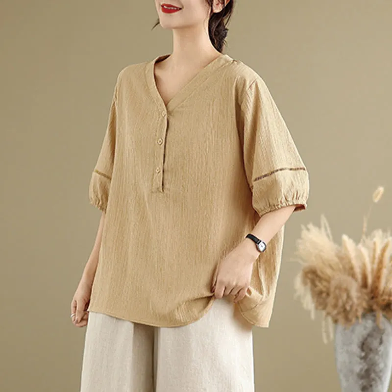 Buddha Stones Summer Casual Pure Half Puff Sleeve Half Button V-neck Women's T-Shirt