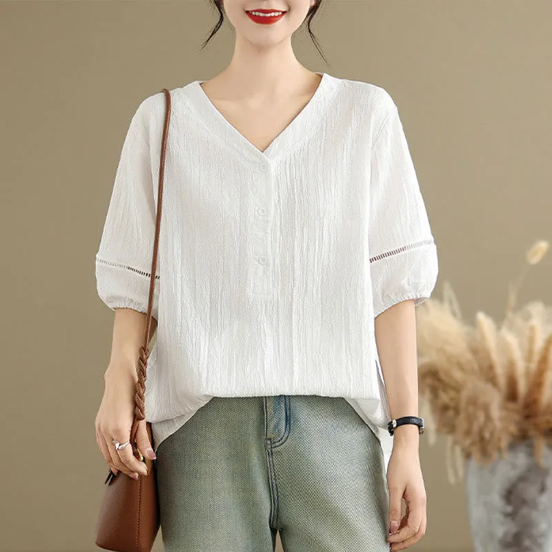 Buddha Stones Summer Casual Pure Half Puff Sleeve Half Button V-neck Women's T-Shirt