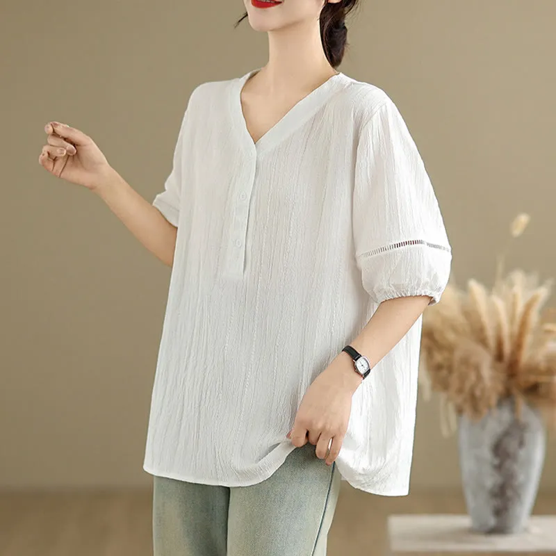 Buddha Stones Summer Casual Pure Half Puff Sleeve Half Button V-neck Women's T-Shirt