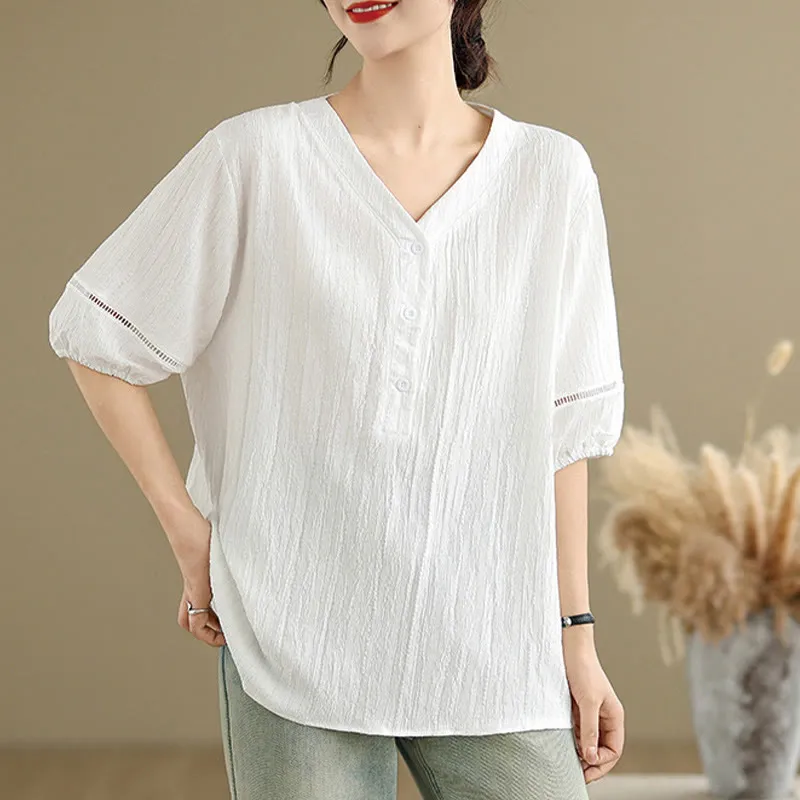 Buddha Stones Summer Casual Pure Half Puff Sleeve Half Button V-neck Women's T-Shirt