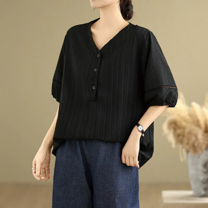 Buddha Stones Summer Casual Pure Half Puff Sleeve Half Button V-neck Women's T-Shirt