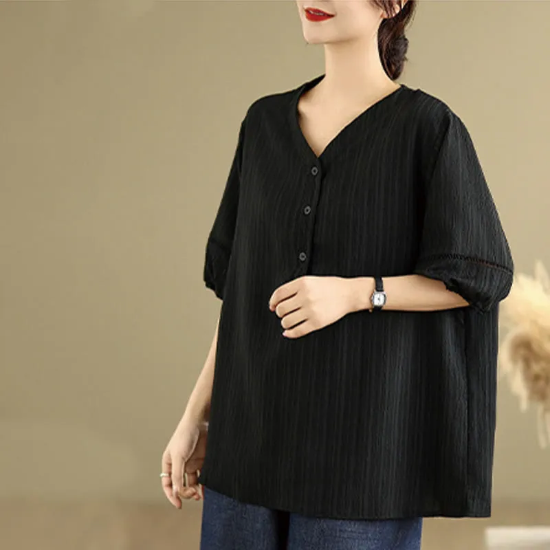Buddha Stones Summer Casual Pure Half Puff Sleeve Half Button V-neck Women's T-Shirt