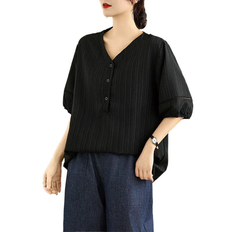 Buddha Stones Summer Casual Pure Half Puff Sleeve Half Button V-neck Women's T-Shirt