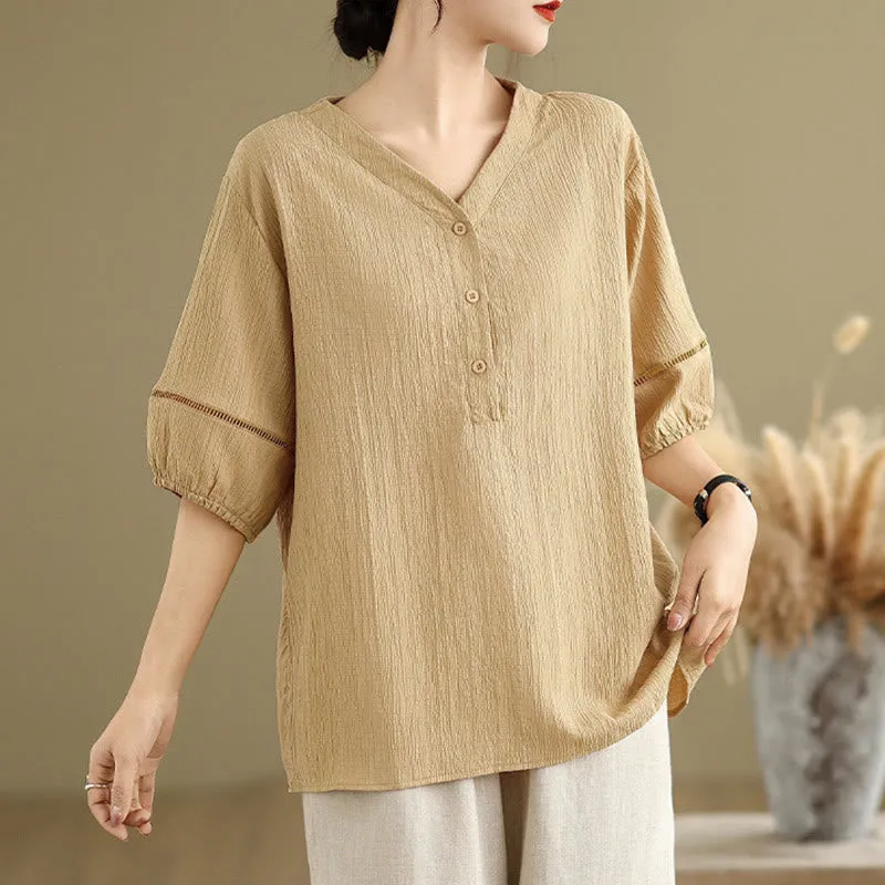 Buddha Stones Summer Casual Pure Half Puff Sleeve Half Button V-neck Women's T-Shirt
