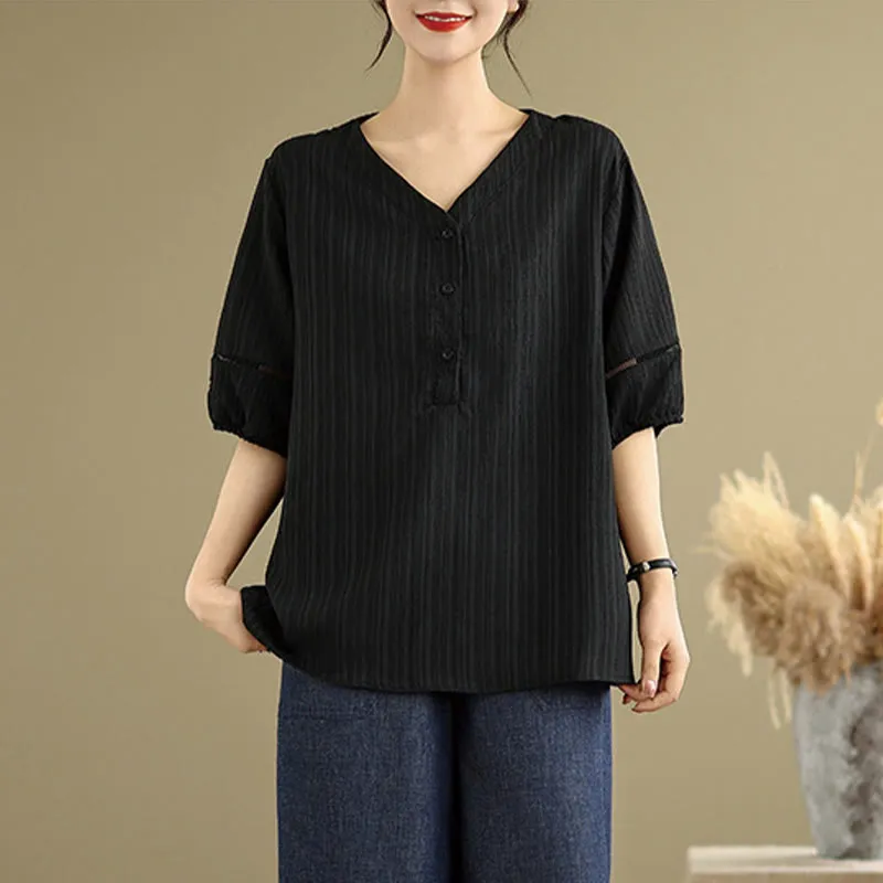 Buddha Stones Summer Casual Pure Half Puff Sleeve Half Button V-neck Women's T-Shirt