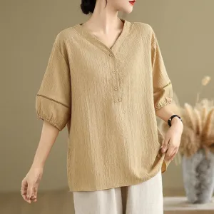 Buddha Stones Summer Casual Pure Half Puff Sleeve Half Button V-neck Women's T-Shirt