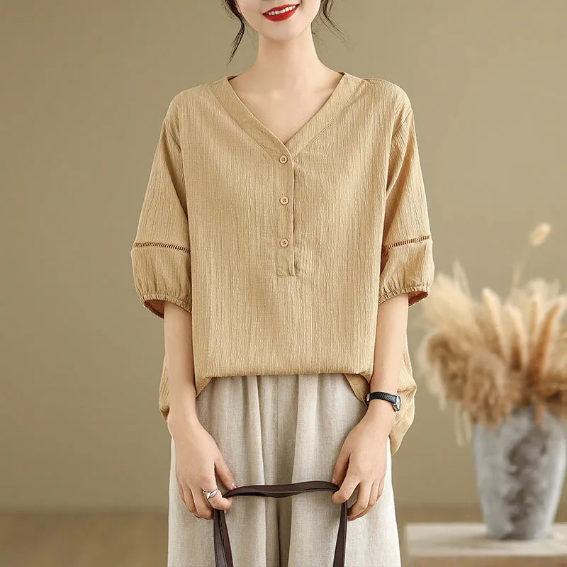 Buddha Stones Summer Casual Pure Half Puff Sleeve Half Button V-neck Women's T-Shirt