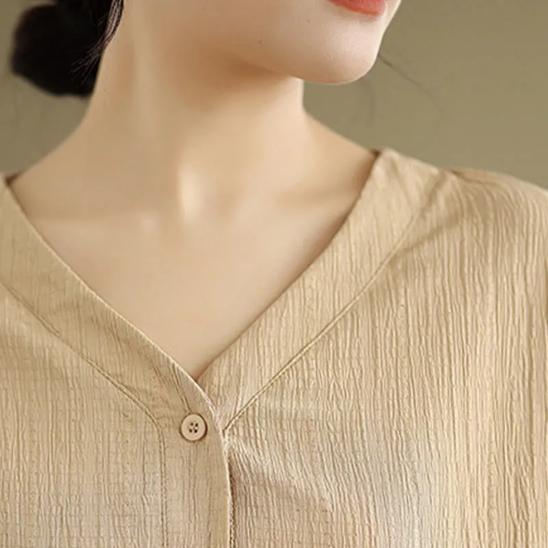 Buddha Stones Summer Casual Pure Half Puff Sleeve Half Button V-neck Women's T-Shirt