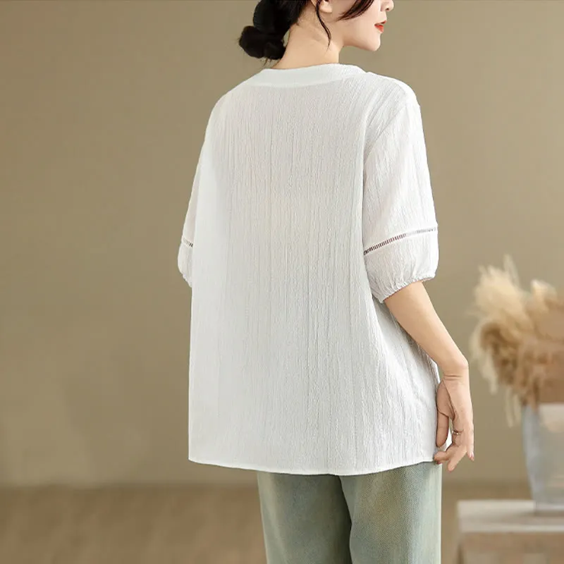 Buddha Stones Summer Casual Pure Half Puff Sleeve Half Button V-neck Women's T-Shirt
