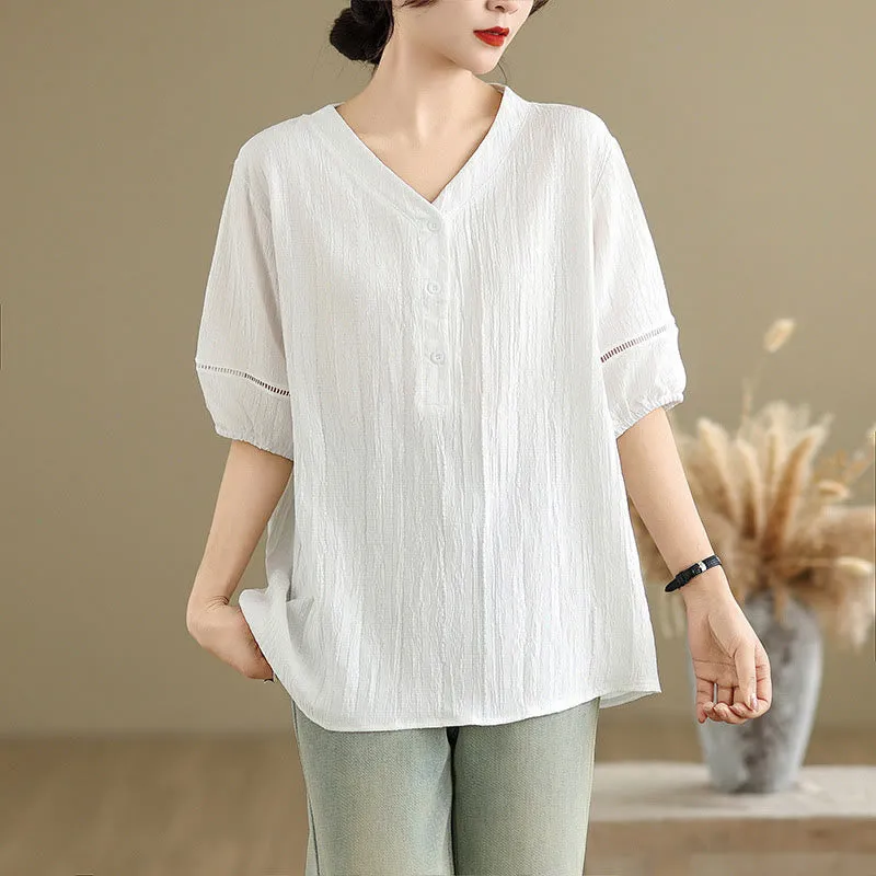 Buddha Stones Summer Casual Pure Half Puff Sleeve Half Button V-neck Women's T-Shirt