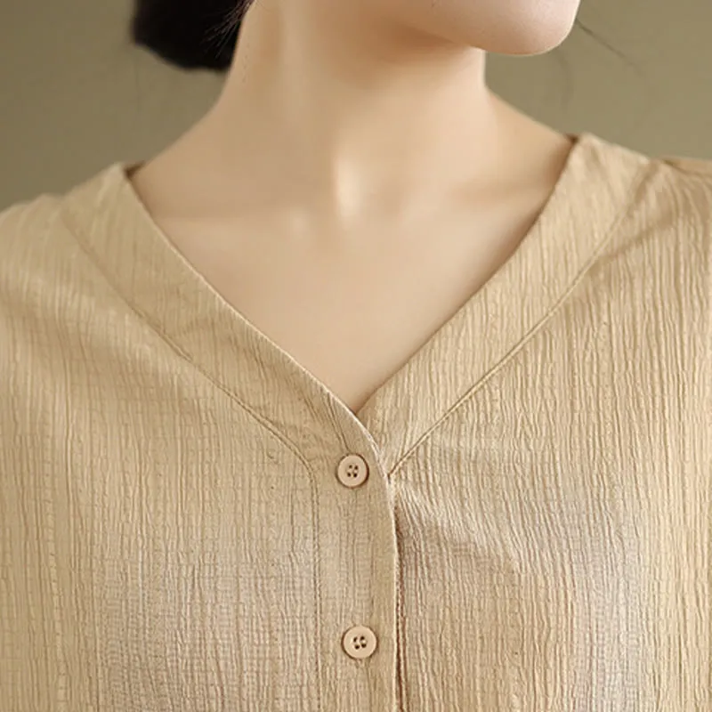 Buddha Stones Summer Casual Pure Half Puff Sleeve Half Button V-neck Women's T-Shirt