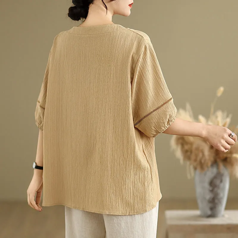 Buddha Stones Summer Casual Pure Half Puff Sleeve Half Button V-neck Women's T-Shirt