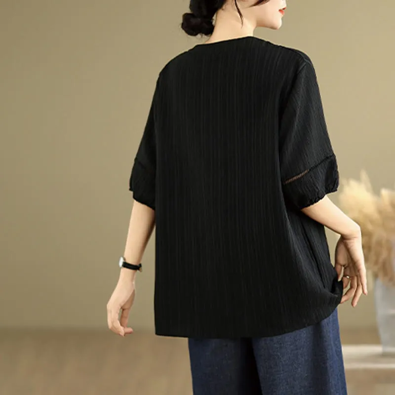 Buddha Stones Summer Casual Pure Half Puff Sleeve Half Button V-neck Women's T-Shirt