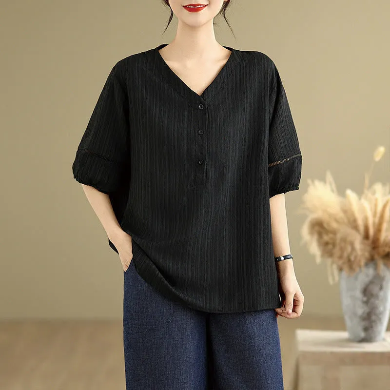 Buddha Stones Summer Casual Pure Half Puff Sleeve Half Button V-neck Women's T-Shirt