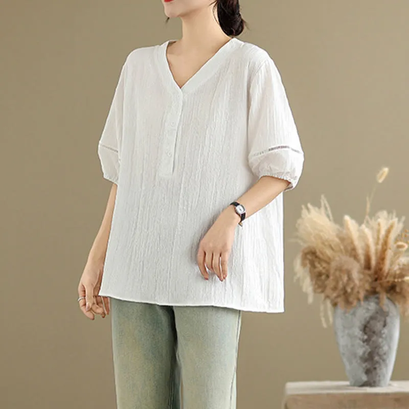 Buddha Stones Summer Casual Pure Half Puff Sleeve Half Button V-neck Women's T-Shirt