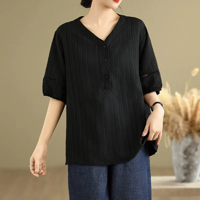 Buddha Stones Summer Casual Pure Half Puff Sleeve Half Button V-neck Women's T-Shirt