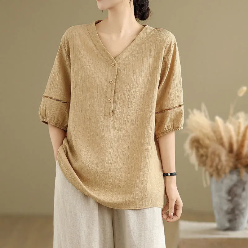 Buddha Stones Summer Casual Pure Half Puff Sleeve Half Button V-neck Women's T-Shirt