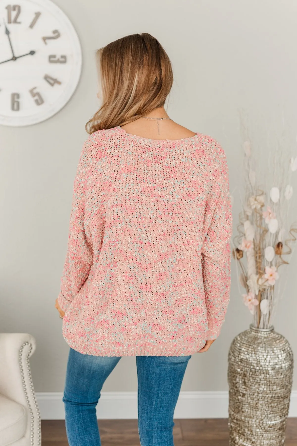 Charming Embrace Chunky Knit Sweater- Peach, Mint Blue & Pink