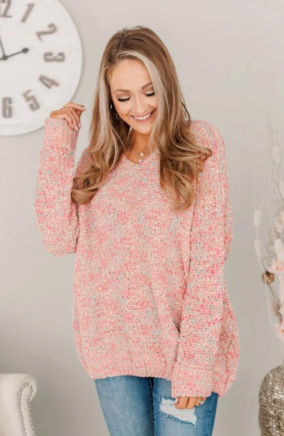 Charming Embrace Chunky Knit Sweater- Peach, Mint Blue & Pink
