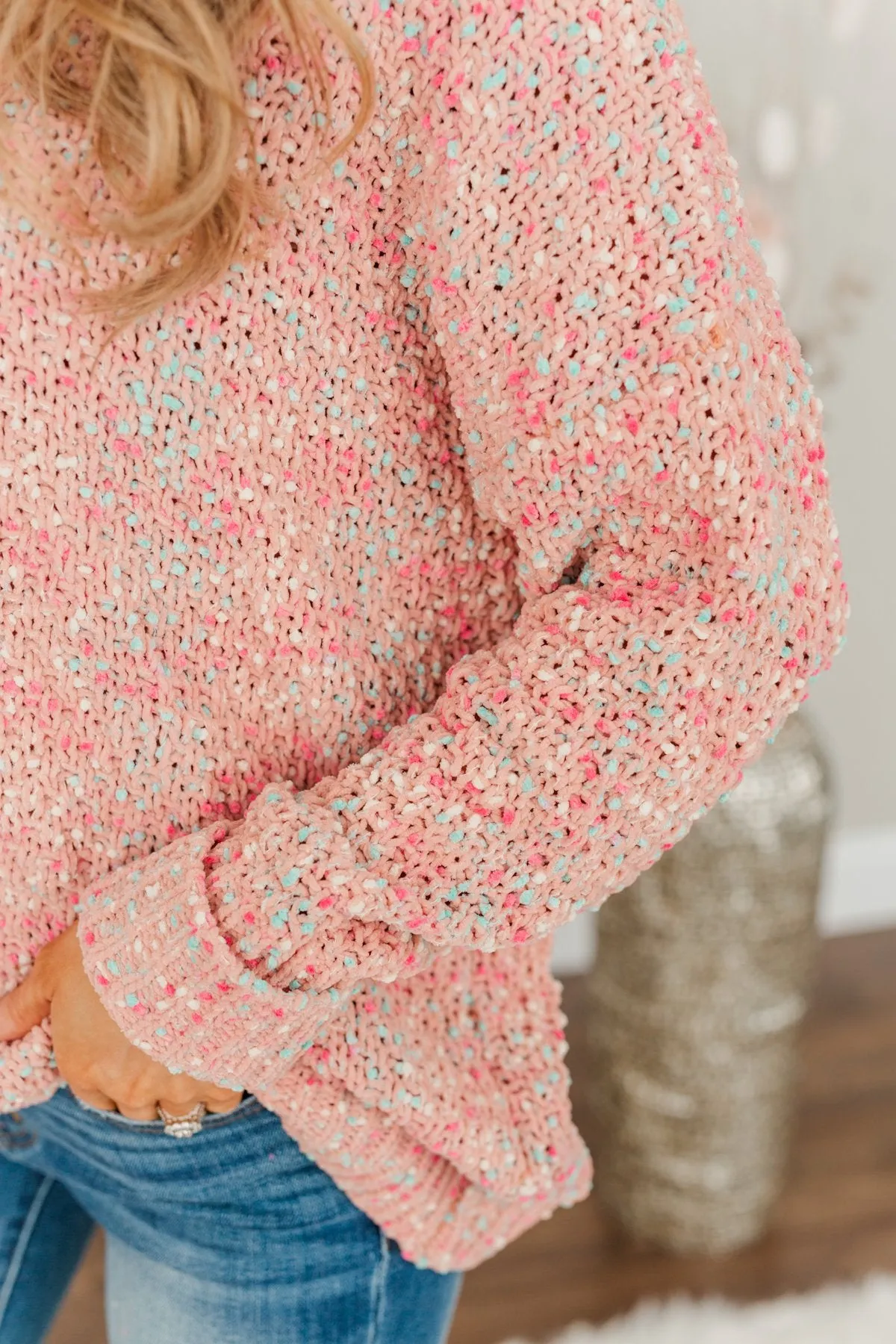 Charming Embrace Chunky Knit Sweater- Peach, Mint Blue & Pink